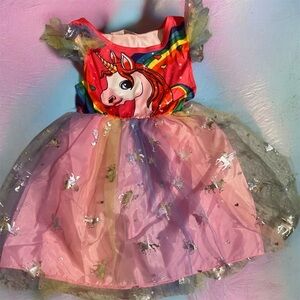 Girls Unicorn Rainbow Tulle Party Dress - Pink & Red